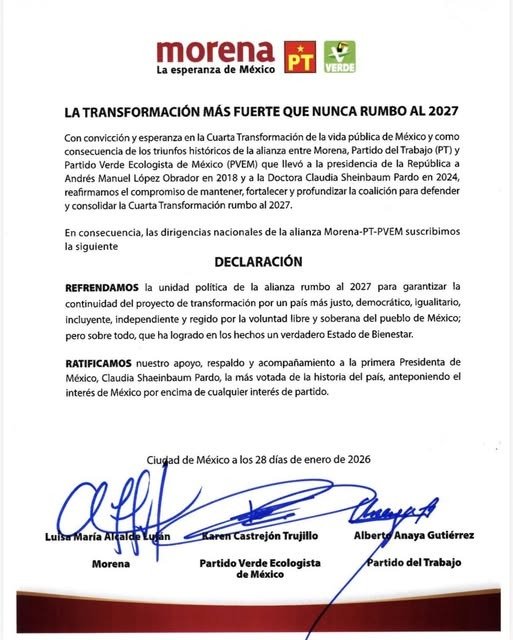 Morena, PVEM y PT irán juntos en elección del 2027 anuncian dirigencias